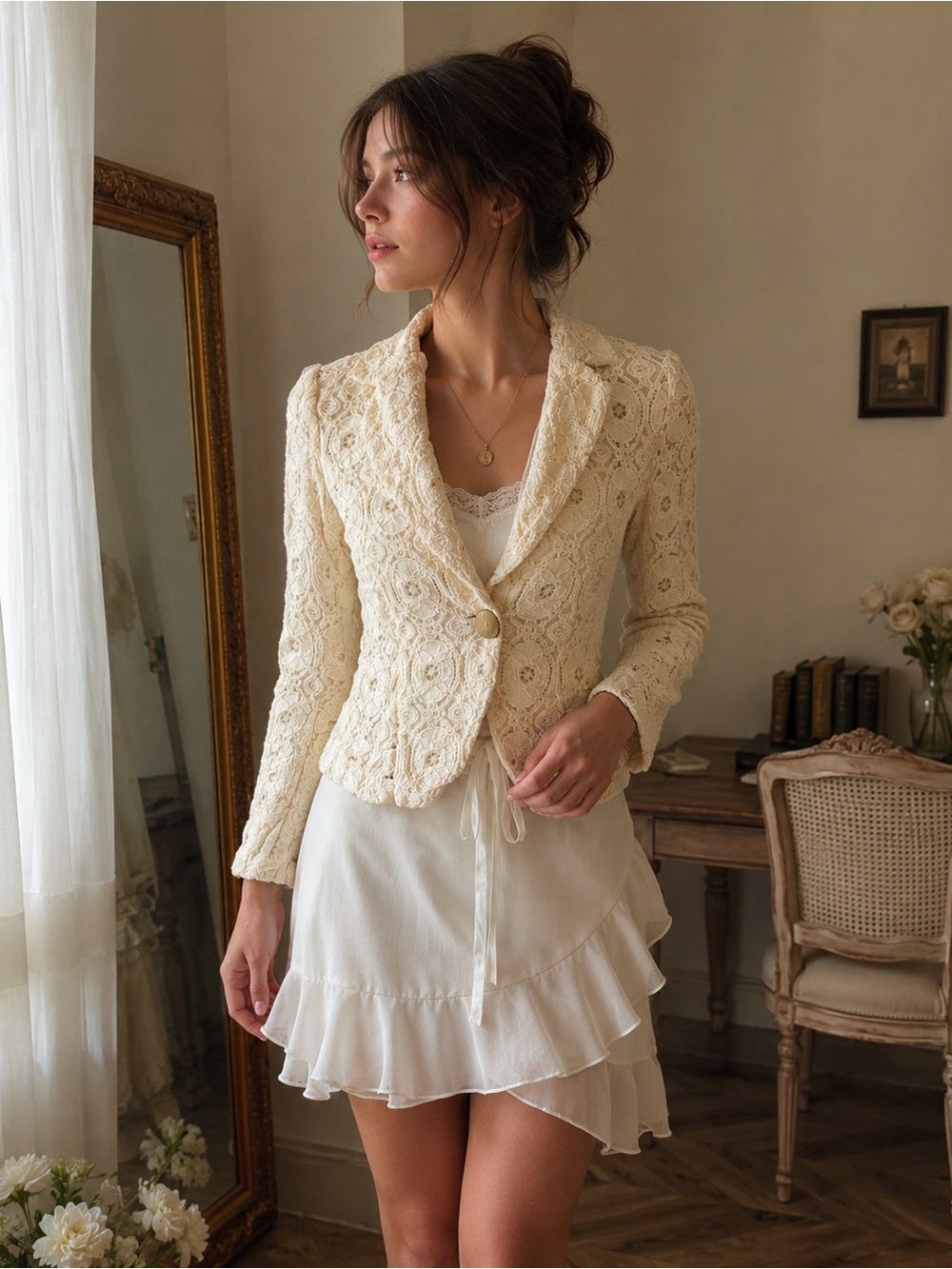 For Cynthia Ivory Lace Blazer Jacket Floral Lace Fitted Romantic Coquette Small